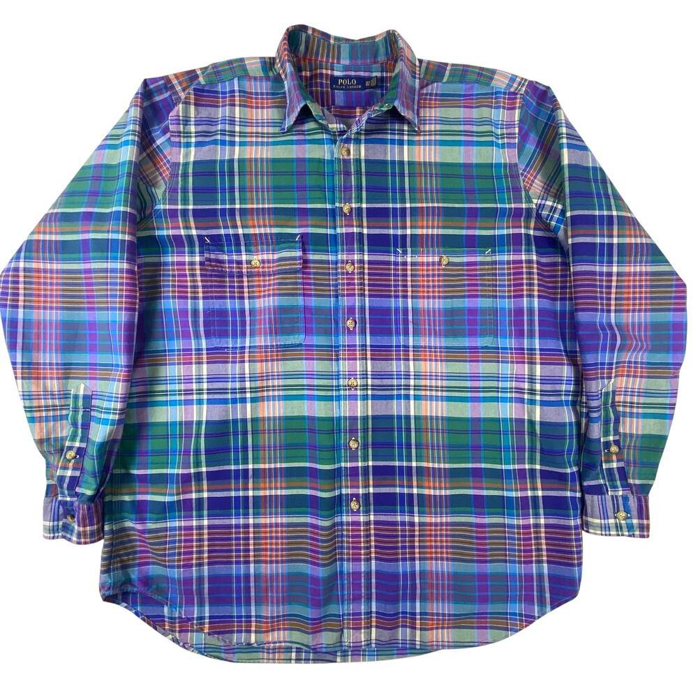 Polo Ralph Lauren Plaid Shirt Mens XLT Tall Cotton Button Up Purple Blue Green